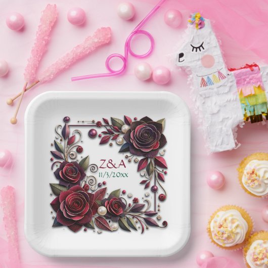  Bourgondische Rozen Floral Monogrammed Papieren Bordje (Feest)