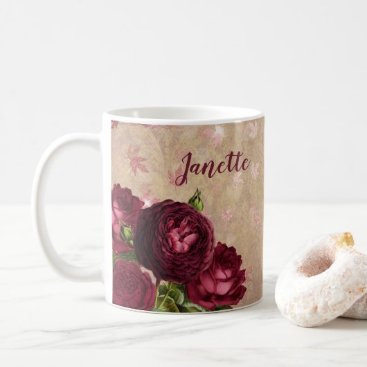 Bourgondische Rozen gepersonaliseerde koffie Mok C (Met donut)