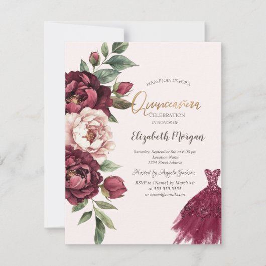 Bourgondische Rozen, glitterjurk Quinceanera Kaart (Voorkant)