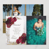 Bourgondische Rozen Marmeren Quinceanera bedankkaa Kaart (Voorkant / Achterkant)