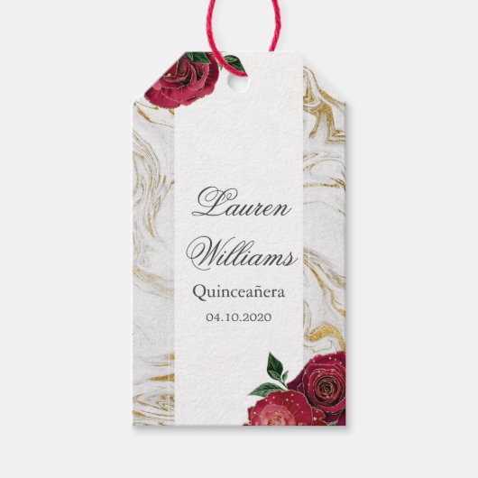 Bourgondische Rozen Marmeren Quinceanera Party Cadeaulabel (Voorkant)