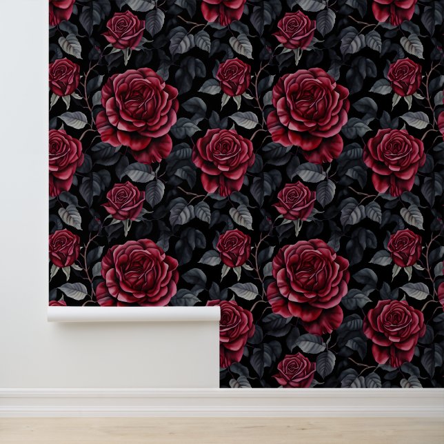 Bourgondische Rozen met zwarte achtergrond Behang (Applicatie)