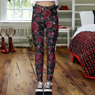 Bourgondische Rozen met zwarte achtergrond Leggings