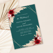 Bourgondische Rozen op Blauwgroen bruiloft uitnodi Kaart