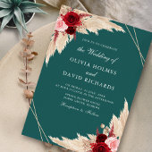 Bourgondische Rozen op Blauwgroen bruiloft uitnodi Kaart