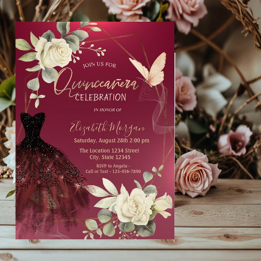 Bourgondische Rozen Vlinders Quinceañera Kaart