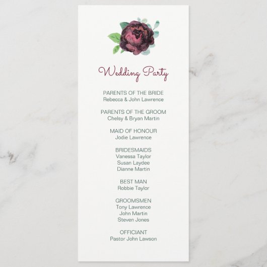 Bourgondische Rozen Waterverf Trouwprogramma's Programmakaart (Achterkant)