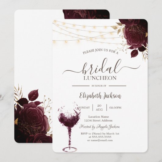 Bourgondische Rozen, Wijn Glas Bruidslunch Kaart (Voorkant / Achterkant)