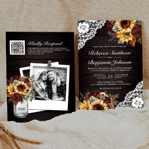 Bourgondische Rozen Zonnebloem Houten Kant QR Code Kaart