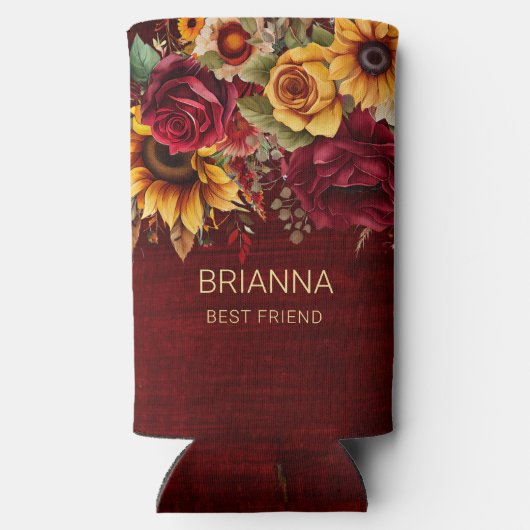 Bourgondische rozen zonnebloemen bruids feestgesch seltzer blikjeskoeler (Achterkant)