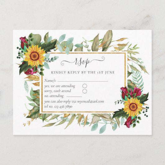 Bourgondische Rozen Zonnebloemen Bruiloft RSVP Briefkaart (Voorkant)