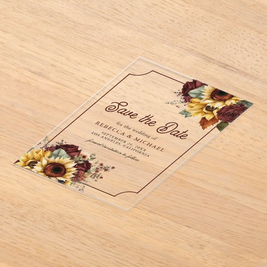 Bourgondische Rozen Zonnebloemen bruiloft Save the Acryl Uitnodigingen (Laagn)