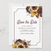 Bourgondische Rozen Zonnebloemen Foto bruiloft Save The Date (Voorkant)