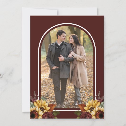 Bourgondische Rozen Zonnebloemen Foto bruiloft Save The Date (Achterkant)