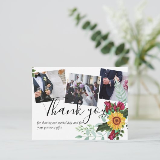 Bourgondische Rozen Zonnebloemen FOTO Dankjewel An Briefkaart (Staand voorkant)