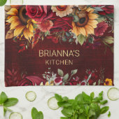 Bourgondische rozen zonnebloemen herfst thema gesc theedoek (Gevouwen)