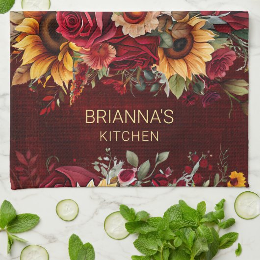 Bourgondische rozen zonnebloemen herfst thema gesc theedoek (Gevouwen)