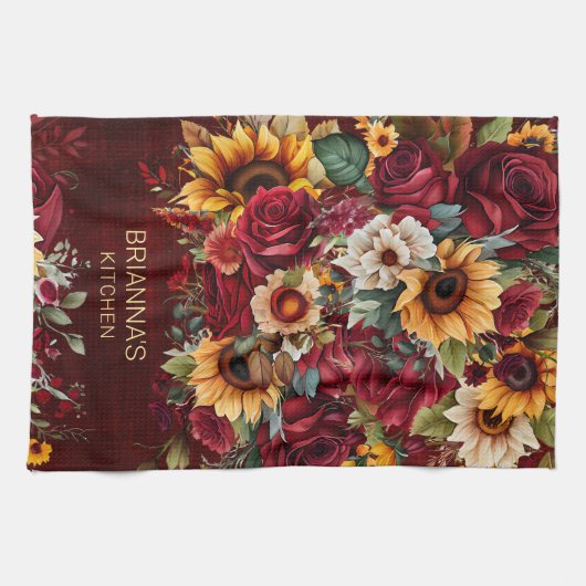 Bourgondische rozen zonnebloemen herfst thema gesc theedoek (Horizontaal)