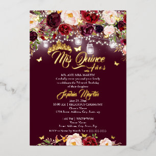 Bourgondische rustieke bloem vlinder Quinceanera Folie Uitnodiging
