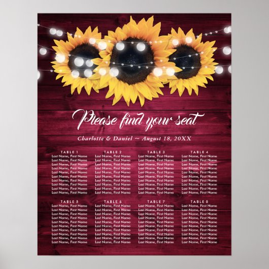 Bourgondische rustieke zonnebloem bruiloft zitplaa poster (Voorkant)