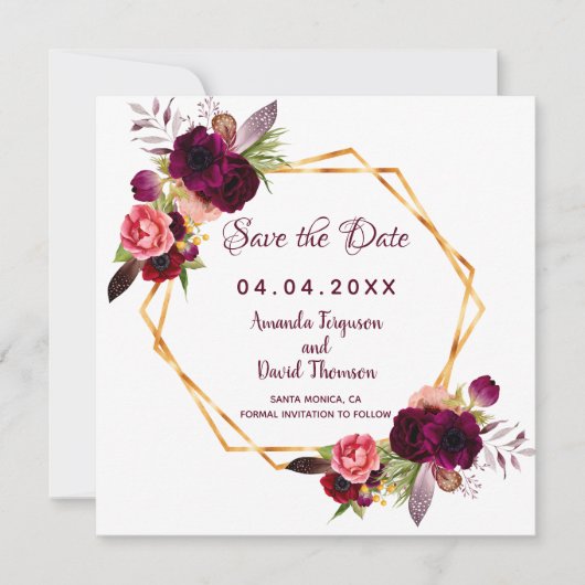 Bourgondische save-the-date huwelijkskaart met geo save the date (Voorkant)