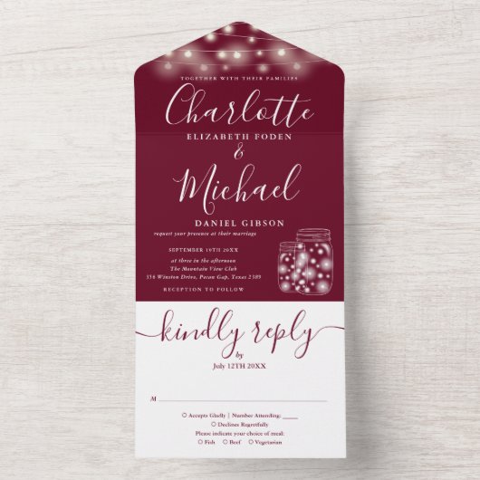 Bourgondische slingerlichten metson jars bruiloft all in one uitnodiging (Binnen)