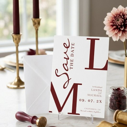 Bourgondische stijlvolle monogram bruiloft save the date