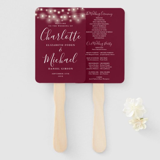 Bourgondische String Lights Script bruiloft progra Handwaaier (Voorkant en achterkant)