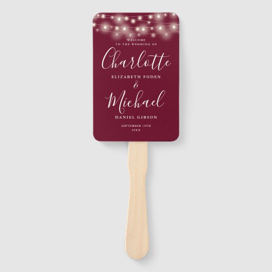Bourgondische String Lights Script bruiloft progra Handwaaier (Voorkant)