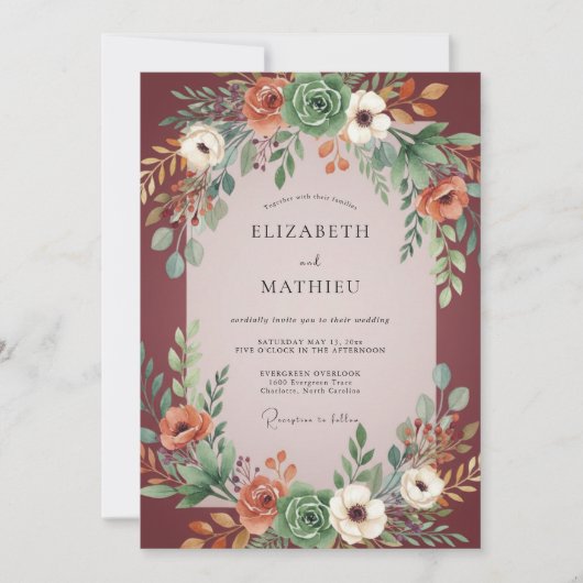 Bourgondische Succulent Boho Eucalyptus Bruiloft Kaart (Voorkant)