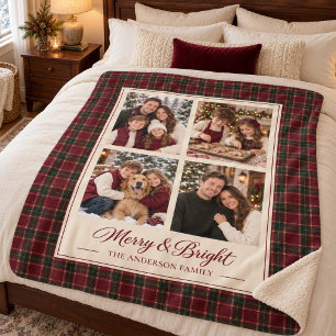 Bourgondische Tartan Kerst Vier Foto Familie Sherpa Deken