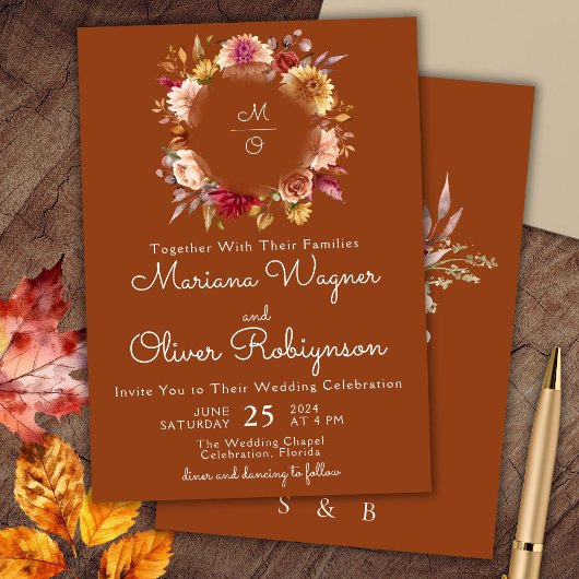 Bourgondische terracotta bloemen bruiloft uitnodig kaart