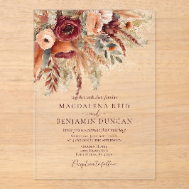 Bourgondische Terracotta Bloemen Pampagras Bruilof Acryl Uitnodigingen