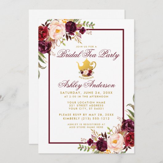 Bourgondische theeparty bruiloft gouden uitnodigin kaart (Voorkant / Achterkant)