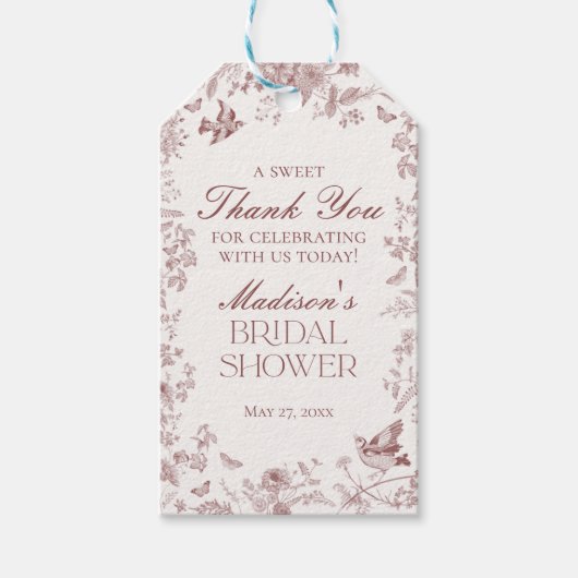 Bourgondische Toile De Jouy Bloem Bruiloftsshower Cadeaulabel (Voorkant)