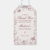 Bourgondische Toile de Jouy Bloem Doop Favoren Cadeaulabel (Achterkant)