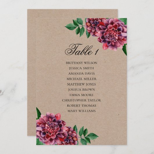 Bourgondische trouw zitplaatsindeling. Dahlia rust Kaart (Voorkant / Achterkant)