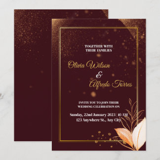 Bourgondische trouwuitnodiging met gouden kleuren kaart