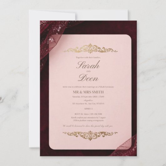 Bourgondische Tulle Trouw Uitnodiging - Blush (Voorkant)