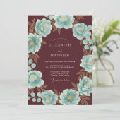 Bourgondische Turquoise Bloemenkrans Bruiloft Kaart (Staand voorkant)