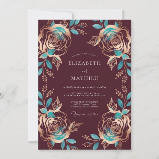 Bourgondische Turquoise Rozen Bruiloft Kaart (Voorkant)
