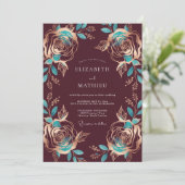 Bourgondische Turquoise Rozen Bruiloft Kaart (Staand voorkant)