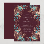 Bourgondische Turquoise Rozen Bruiloft Kaart (Voorkant / Achterkant)