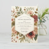 Bourgondische Vintage Bloem Bruiloft Kaart (Staand voorkant)