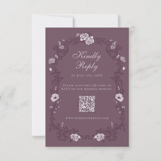 Bourgondische vintage bloemencode QR-code RSVP Kaartje (Voorkant)