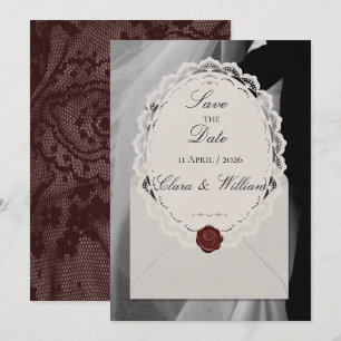 Bourgondische vintage kant waszegel foto save the date