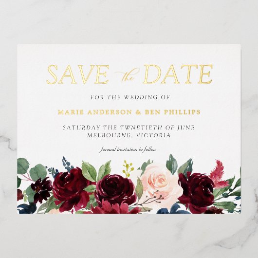 Bourgondische waterverf bloem bruiloft Save the da Folie Uitnodiging Briefkaart (Voorkant)