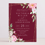 Bourgondische waterverf bloem geometrische gouden  kaart<br><div class="desc">Een elegante bloemige bruiloft uitnodiging met roze waterverf bloemen en moderne handgeschreven kalligrafie op een Bourgondische rode achtergrond.</div>