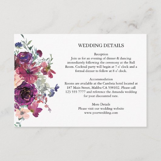 Bourgondische Waterverf Bloemen Boho Wedding Detai Informatiekaartje (Voorkant)