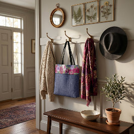 Bourgondische waterverf bloemen en denim tote bag
